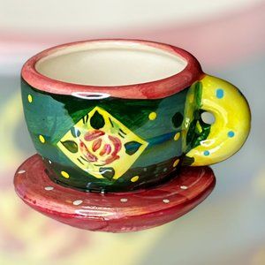 Mary Englebreit Mini Tea Cup On Saucer Collectable Luster Green Pink Floral VF++